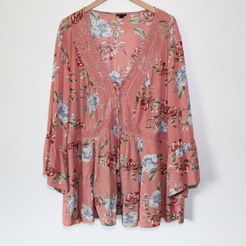 Torrid Dusty Coral Floral Crinkle Gauze Crochet Babydoll Top Size 3 3X H13239 - Picture 2 of 12